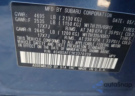 2019 Subaru Outback 2.5I Premium из США, поврежденный, VIN 4S4BSAFC2K3370339